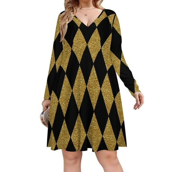 Black And Gold Harlequin Long Sleeve Dresses For Women Vintage Elegant Party Dress Oversized V-neck Dress S-8XL
