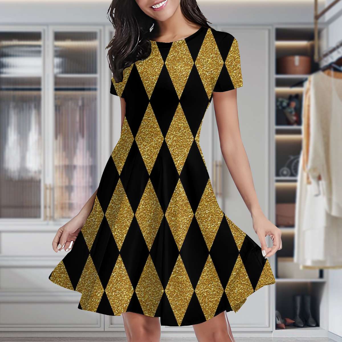 Black And Gold Harlequin Women's Classic Swing Skater Dress Casual Work  Party Cocktail Dresses - Walmart.com