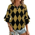 thumbnail image 1 of Black And Gold Harlequin Women's V-Neck Blouse With 3/4 Ruffled Bell Sleeves Casual Top Ladies Blouses, 1 of 7