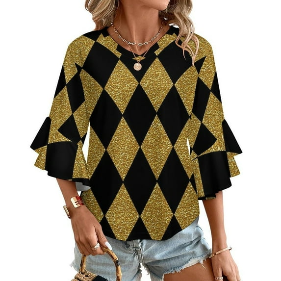 Black And Gold Harlequin Women's V-Neck Blouse With 3/4 Ruffled Bell Sleeves Casual Top Ladies Blouses