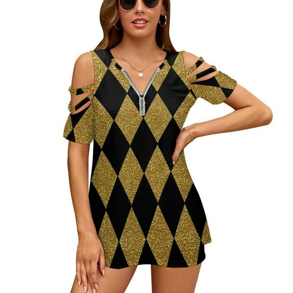 Black And Gold Harlequin Womens Summer V Neck Zipper Top Short Sleeve T Shirt Off Shoulder Top Casual Classy Loose Shirts