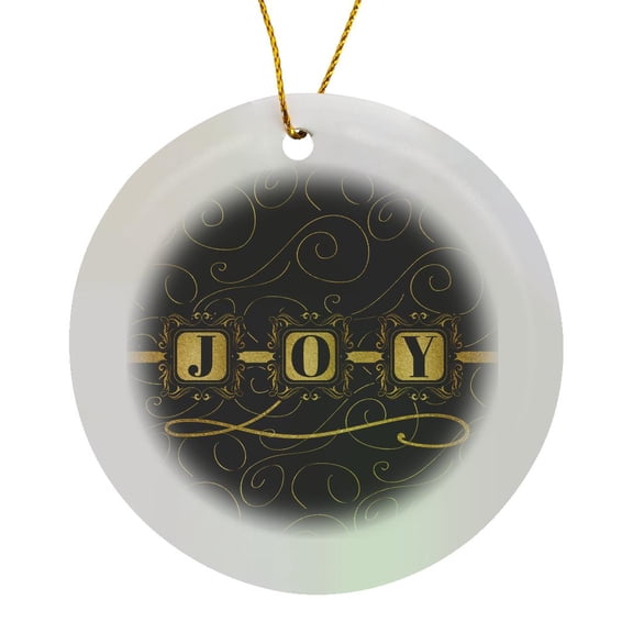 3drose, Black and Gold Joy Framed Lettering Holiday Typography, Circle Porcelain Ornament