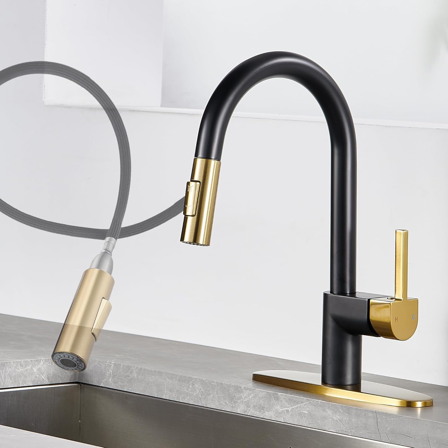 Black And Gold Kitchen Faucet With Pull Down Sprayer Modern Single