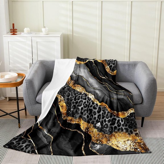 Black And Gold Leopard Print Throw Blanket For Couch Bed Plush Fuzzy Soft Warm Fleece Blanket