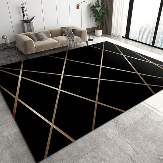 Black And Gold Lines Area Rug, Modern Geometric Stripes Living Room Rugs, Large Machine Washable Carpet For Living Room Bedroom Dining Room 5x8ft