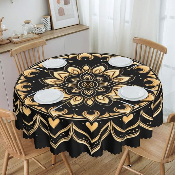 Black And Gold Mandala Round Tablecloth Waterproof Oil-Proof Plastic Table Cloth Stain-Resistant Wipeable 60" for Camping, Dining, Indoor and Outdoor
