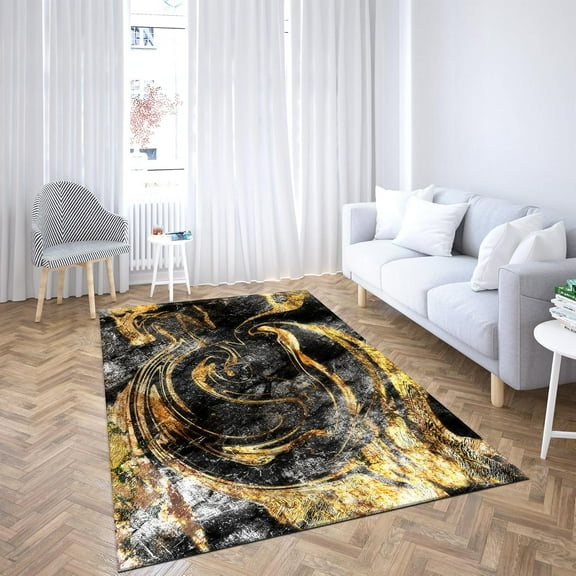 Black And Gold Marble Rug - Modern Soft Personalized Gifts, Low-Pile, Fade & Stain Resistant Area Rug For Bedroom, Living Room, Entryway 4x6ft