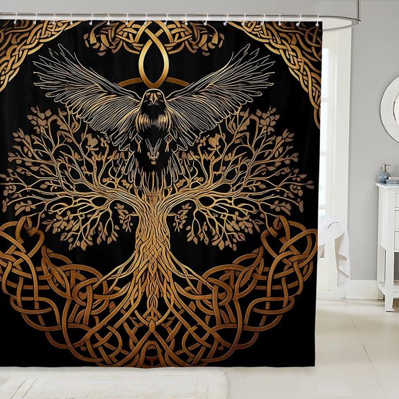 Black And Gold Norse Tree Of Life Shower Curtain With Raven And Celtic Knot 71x71 inches