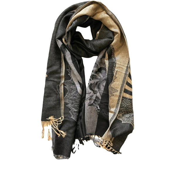Black And Gold Pashmina Shawl - Swirling Accents Winter Scarf