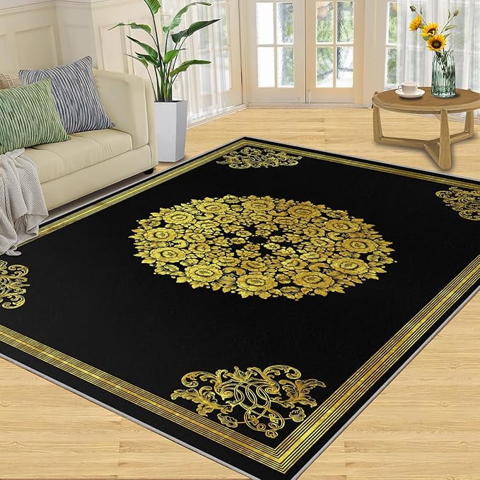 Study Rug Designs Black And Gold Pattern Area Rug, Abstract Floral Design Indoor Rugs ...
