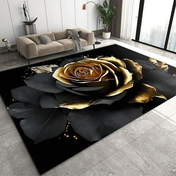 Black And Gold Roses Area Rug, Nordic Luxury Art Kids Rugs, Breathable Durable Carpet For Indoor Bedroom Living Room Office Decor Rug 5 x 7ft