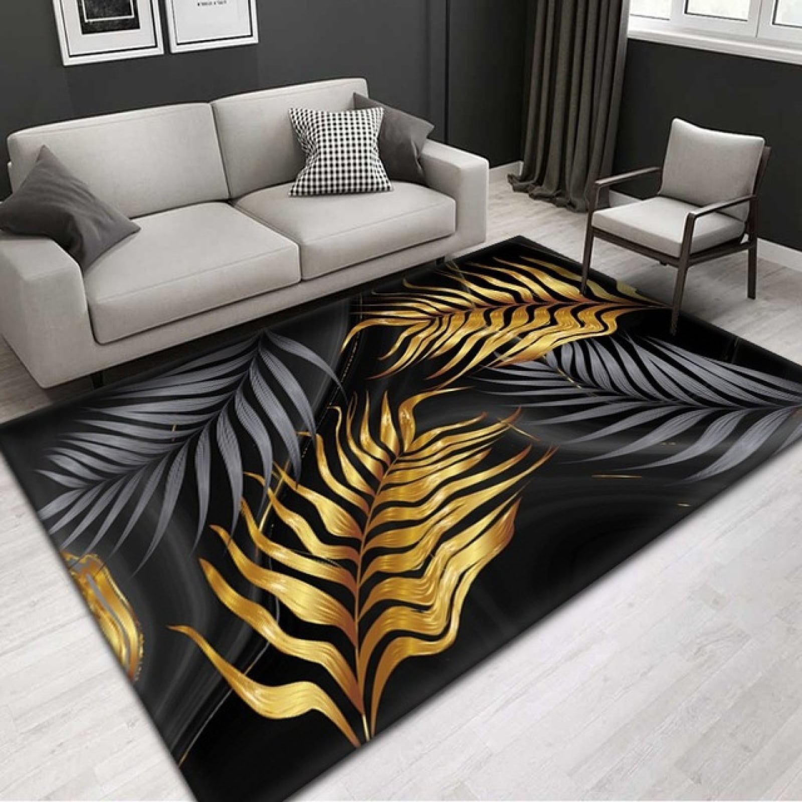 Black And Gold Rugs Large Feather Living Room Bedroom Carpet Outdoor ...