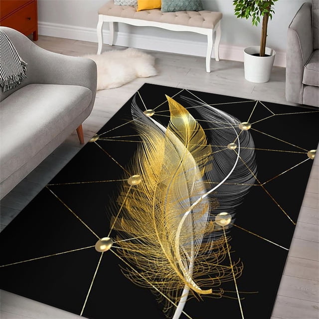 Black And Gold Rugs Large Feather Living Room Bedroom Carpet Outdoor ...