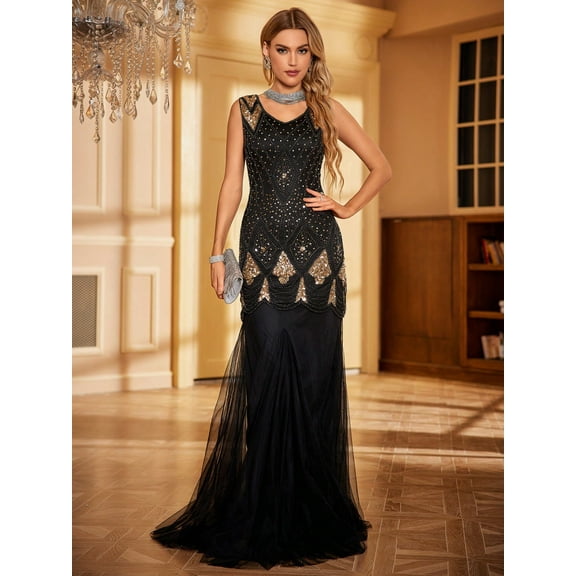 Black And Gold Sleeveless Sequin Mesh Maxi Dress Occasion Wear Dresses