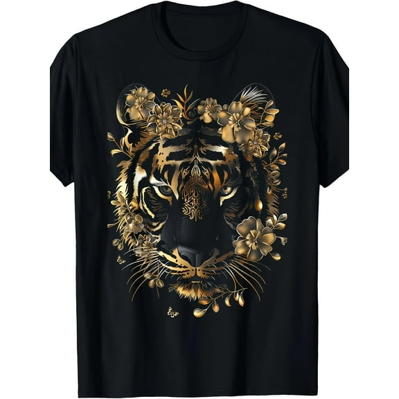 Black And Gold Striped Tiger Funny Graphic Tees T-Shirt-100% Cotton -220g