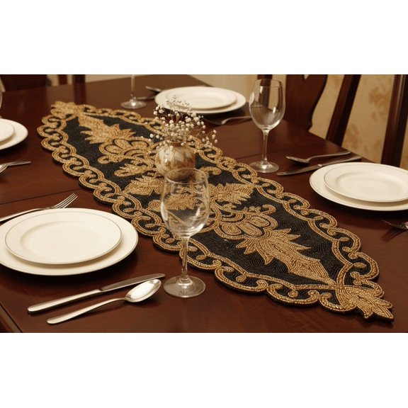 Black And Gold Table Runner, Handmade Beaded Table Runner, Wedding Table Runner 13X36 Inches