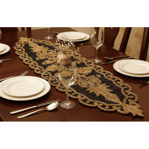 Black And Gold Table Runner, Handmade Beaded Table Runner, Wedding Table Runner 13X36 Inches