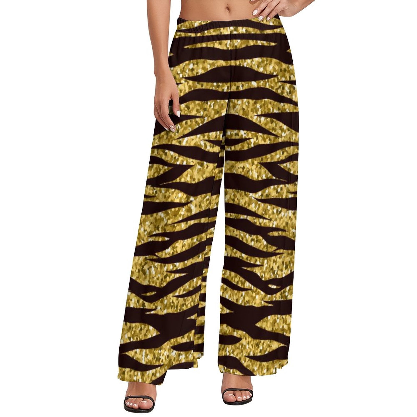 Black And Gold Tiger Print Pants High Waisted Animal Fur Stripes 