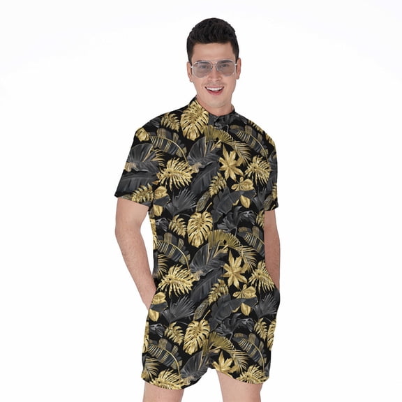 Black And Gold Tropical Pattern Short Sleeve Men'S Rompers, Aloha Hawaiian Tropical Floral Plants Summer Casual Summer Jumpsuits Outfit