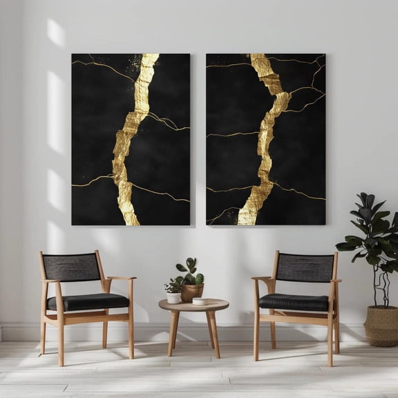 Black And Gold Wall Art Kintsugi Inspired Poster Diptych Abstract Luxury Decor For Modern Living Room Or Office Set 2