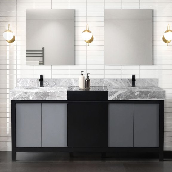 Black And Gray 72x22 Bathroom Vanity - Grey Marble, Matte Faucet, Robust Build + 72 In. Bath Marble Countertop, Included Spacious Drawers