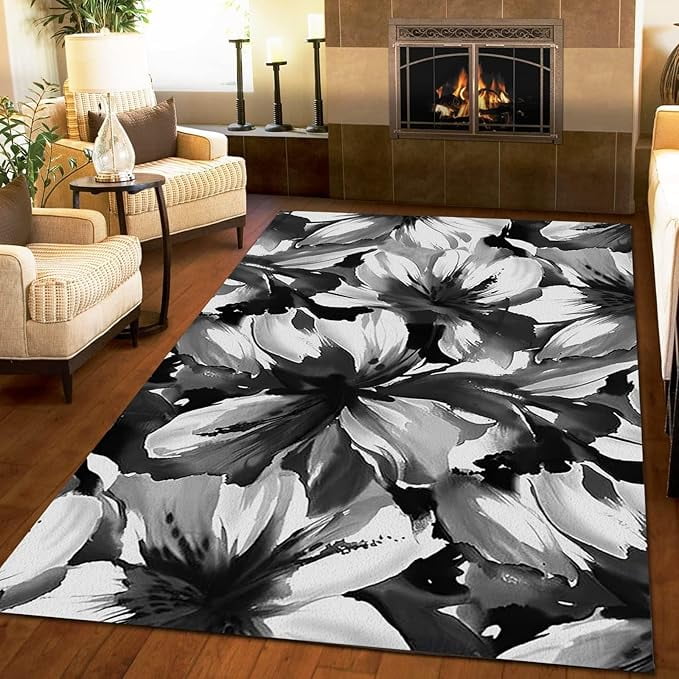 Black And Gray Retro Flowers Area Rug, Abstract Watercolor Plants ...