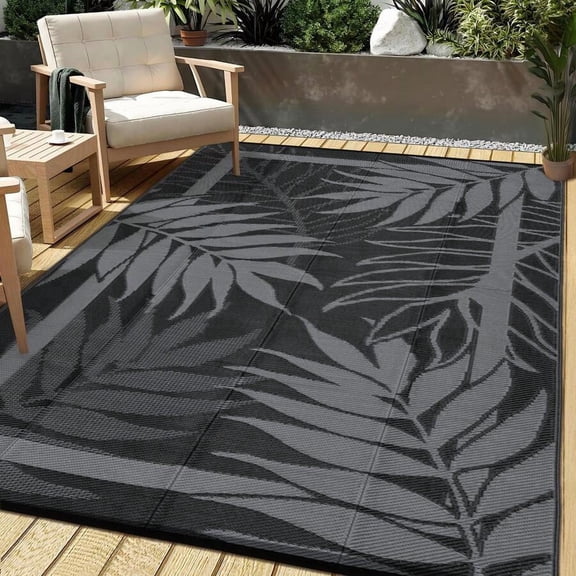 Black And Gray Tropical Leaf Outdoor Waterproof Reversible Rug For Patio Balcony Porch Pool