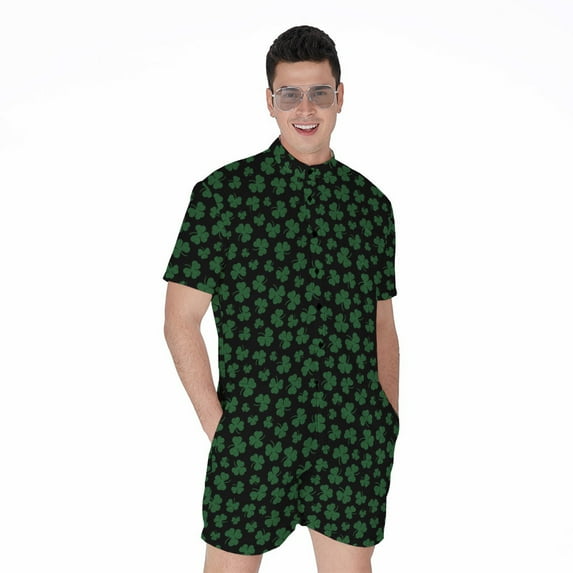 Black And Green Shamrock Pattern Short Sleeve Men'S Rompers, Irish St. Patrick'S Day Casual Summer Jumpsuits Outfit