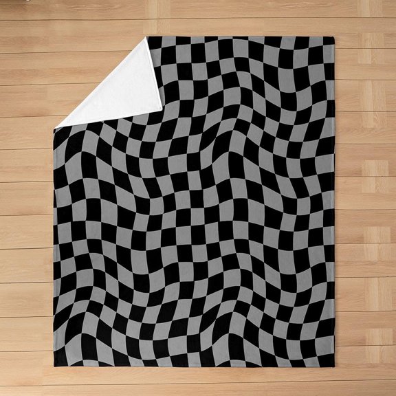 Black And Grey Checkerboard Throw Blanket Wavy Geometric Pattern Flannel Fleece Blanket for Couch Bed