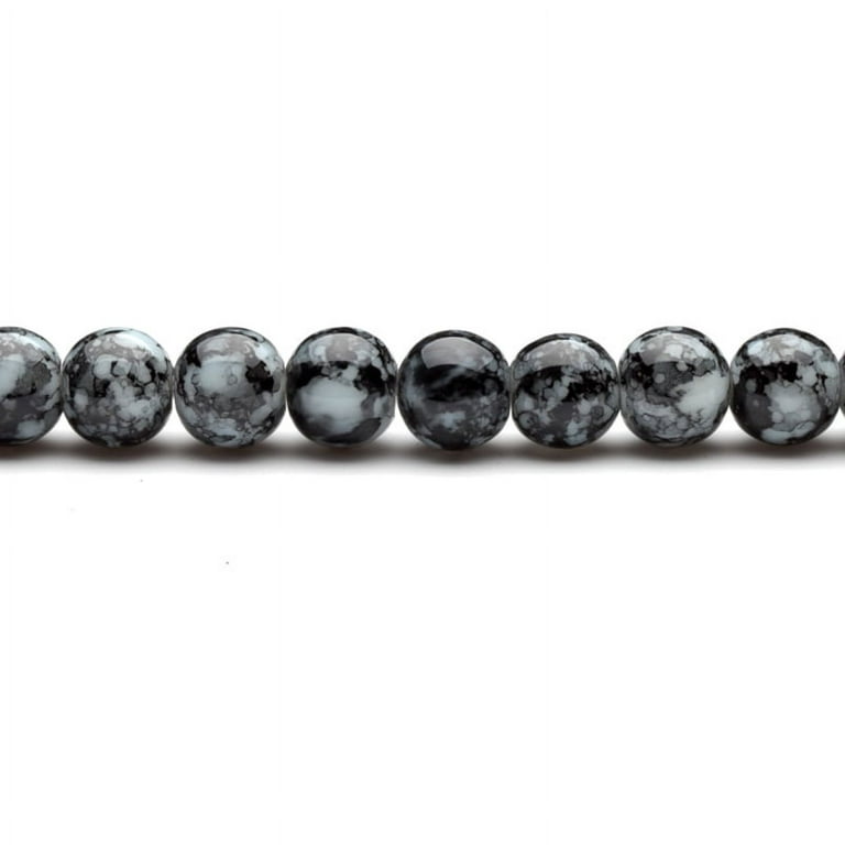Black And Grey Marble Grain Patterned Glass Beads 12mm Round 32 Inch  String/68-Bead Count