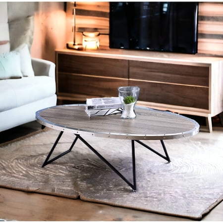 Black And Oak Coffee Table With Metal Trim, 15in Height, 70lbs Weight Capacity Oval Weathered Gray Base, 20lb Product