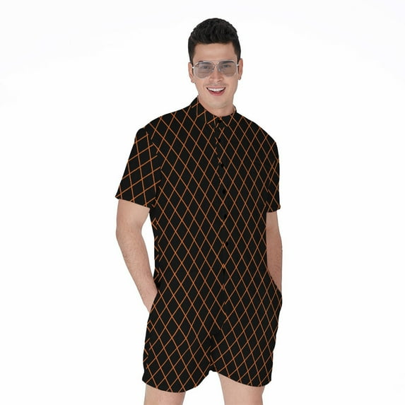 Black And Orange Harlequin Short Sleeve Men'S Rompers, Checkered Caro Plaid Tartan Casual Summer Jumpsuits Outfit