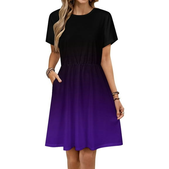 Black And Purple Gradient Dress Summer Street Style Dresses Female Short Sleeve Printed Sundress