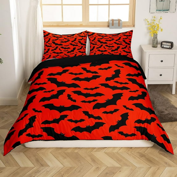 Black And Red Bat Bedding Set, Reversible Gothic Comforter Cover For Kids Child Horror Halloween Decorations, Trippy Bats Silhouette Shadows Pattern Duvet Cover Cartoon Halloween Home Decor