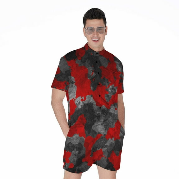 Black And Red Camouflage Short Sleeve Men'S Rompers Casual Summer Jumpsuits Outfit
