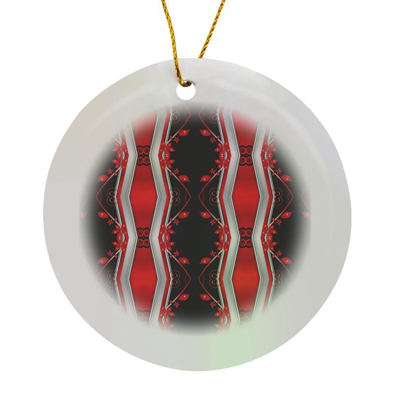 3drose, Black and Red Floral Vine Zigzag Ribbon Fractal Abstract Art, Circle Porcelain Ornament
