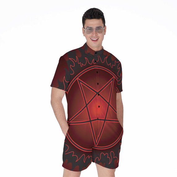 Black And Red Satanic Pentagram Short Sleeve Men'S Rompers Casual Summer Jumpsuits Outfit