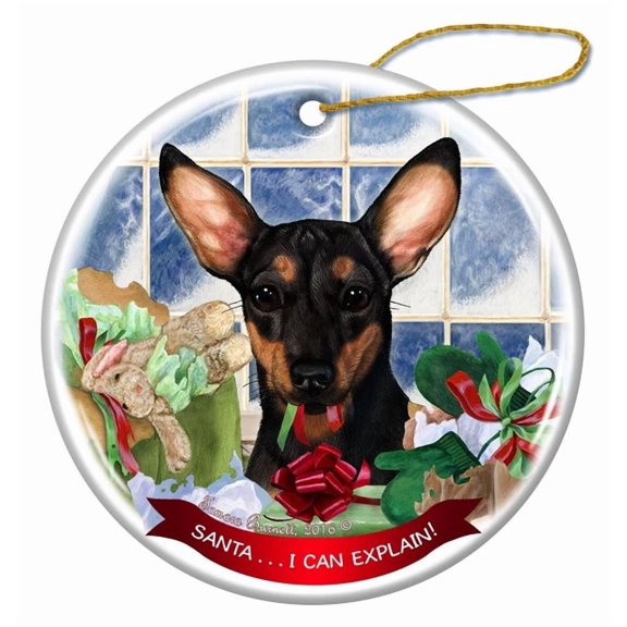 Black And Tan Chiweenie Porcelain Ornament Pet Gift Santa I Can Explain! 2D FLAT CIRCLE Ceramic Ornament