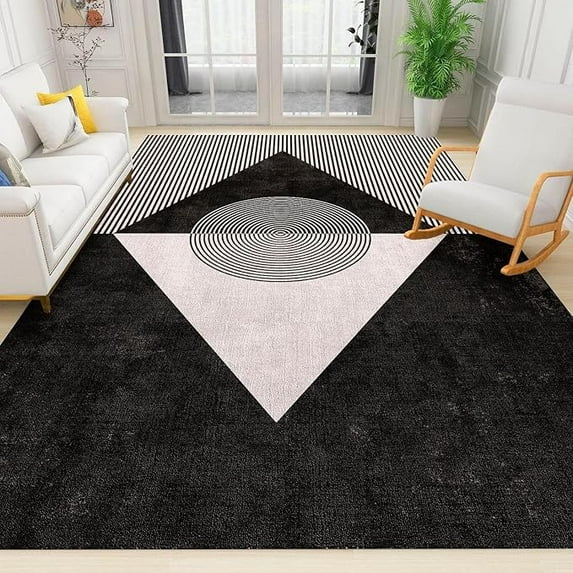 Black And White Abstract Geometric Lines Area Rug, Art Print Indoor Non-Slip Kids Rugs, For Room Sofa Living Room Mat Bedroom Home Decor Floor Mats 3 x 4ft