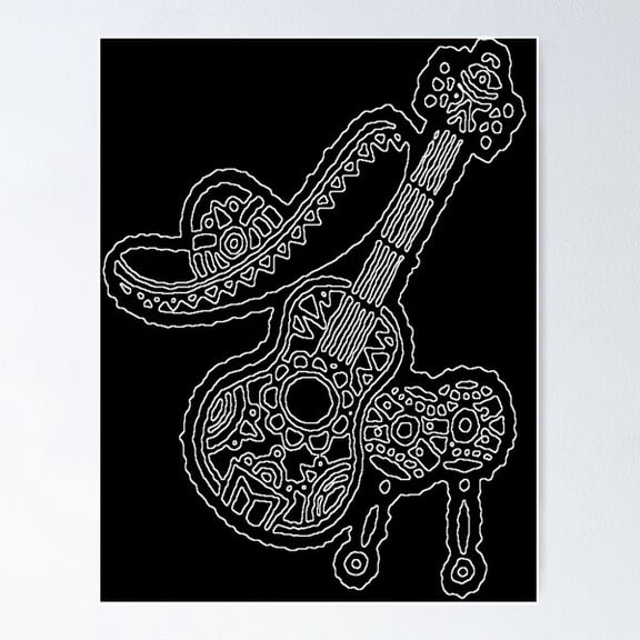 Black And White Abstract Mexican Sombrero Guitar Maracas Poster Wall Art, Modern Wall Decor For Living Room Bedroom, 8x12 UNFRAMED