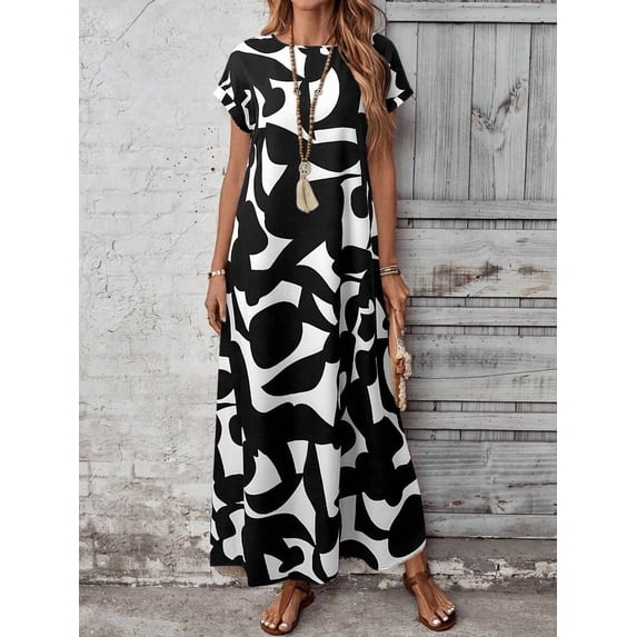 Black And White Abstract Print Round Neck Short Sleeve Maxi Casual Dress For Women