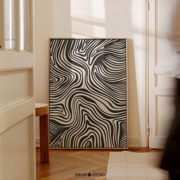 Black And White Abstract Wave Art Mid Century Modern Line Drawing Minimalist Wall Decor Print Home Art For Living Room