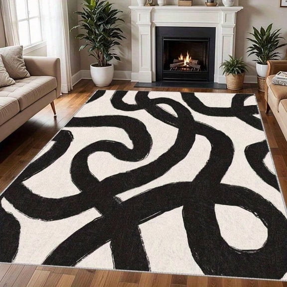 Black And White Abstract Wave Pattern Area Rug