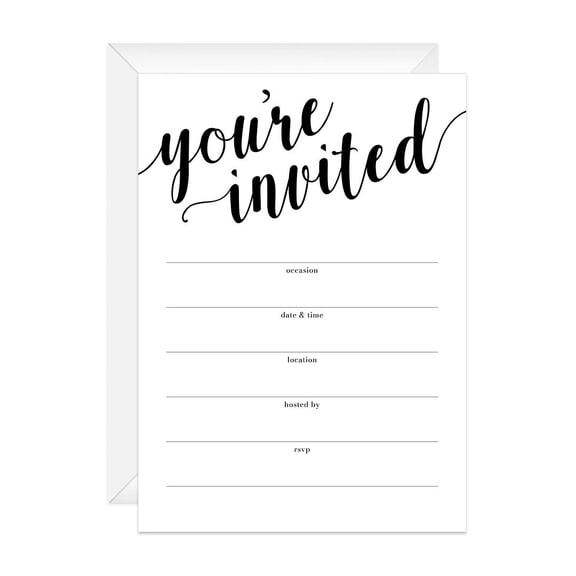 Black And White All Occasion Script Invitations / 25 Fill In General Use Invites / 5" x 7" Flat Modern Shower Party Or Event Invitation / Made In The USA