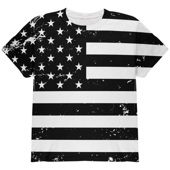Black And White American Flag Distressed All Over Youth T Shirt Multi YXL