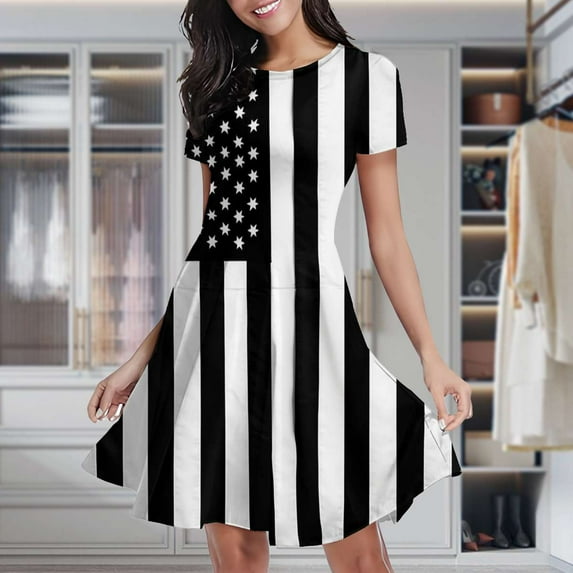 Black And White American Flag Women's Classic Swing Skater Dress Casual Work Party Cocktail Dresses