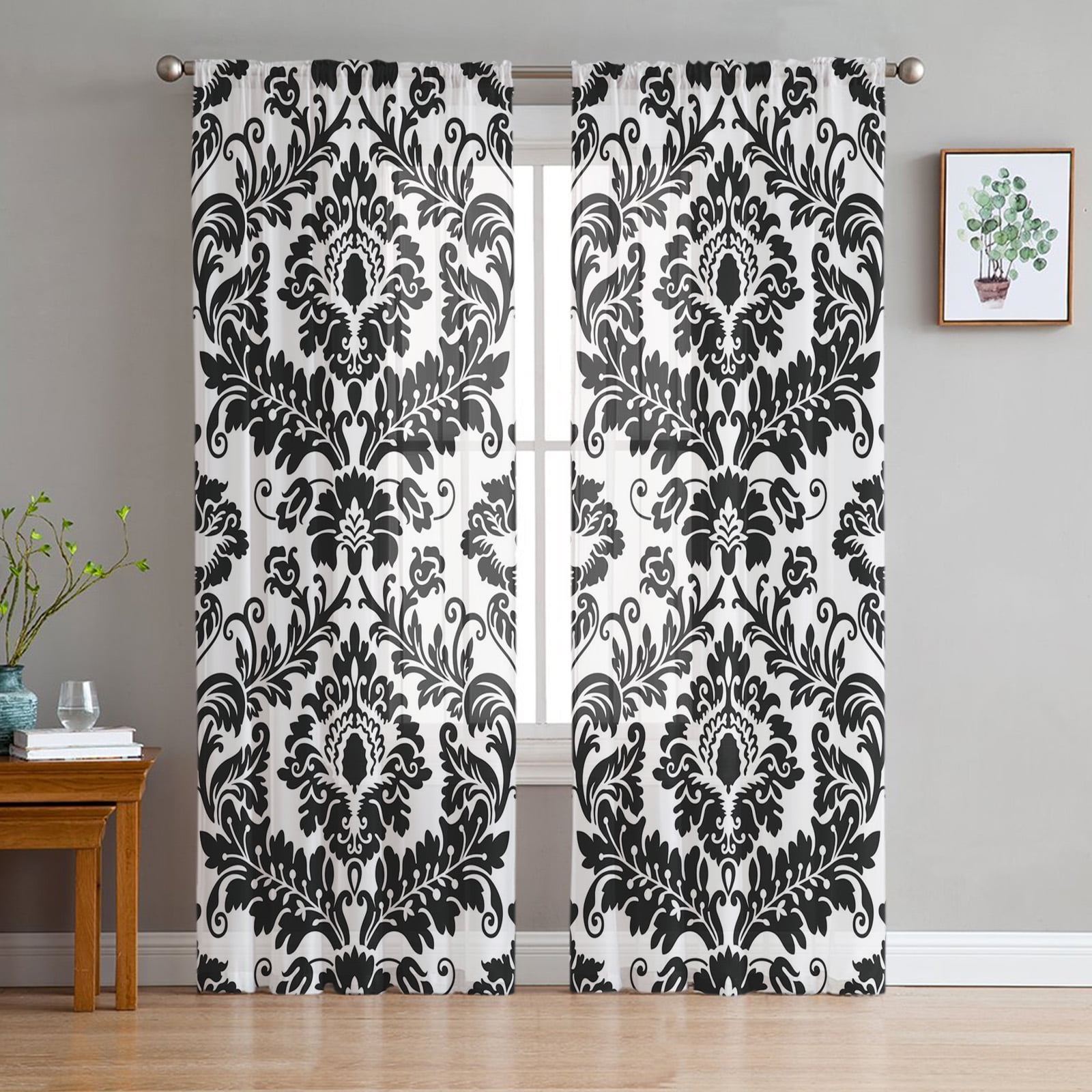 Black And White Baroque Pattern Flower Vine Abstract Tulle Curtains for