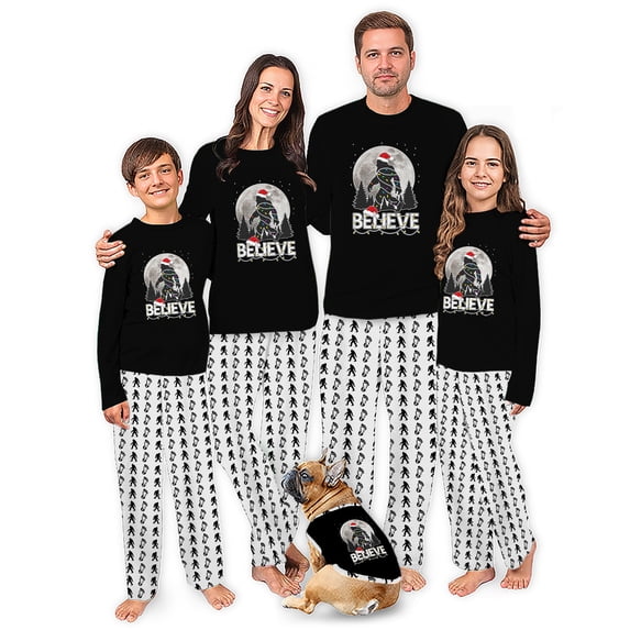 Black And White Bigfoot Dog And Family Christmas Pajamas, Believe Magical Christmas PJs, Size NB - Men 6XL