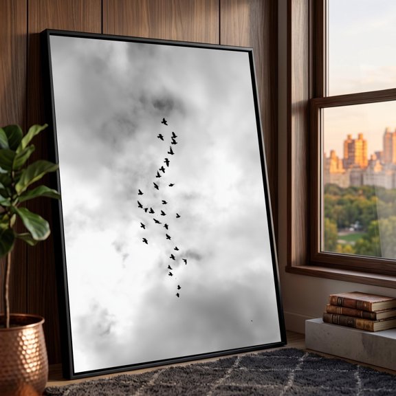 Black And White Birds Flight Art Minimalist Sky Wall Art Nature Silhouette Art Modern Home Decoration Artwork