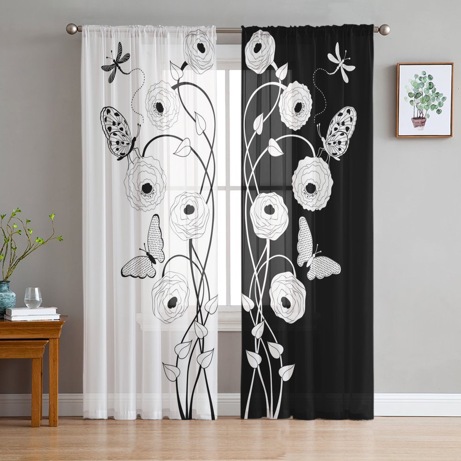 Black And White Butterfly Flower Art Tulle Curtains for Living Room
